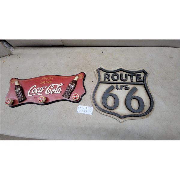 Coca-Cola Drink Sign Hanger and US Route 66 Sign, Both Wooden