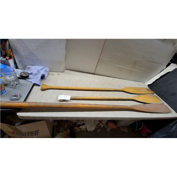 2 Vintage Wooden Canoe Paddles with Assorted Grip Styles and one oar