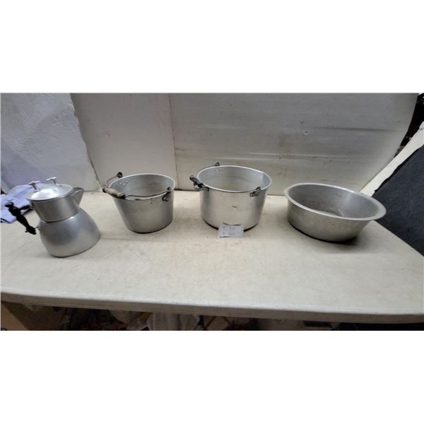 Vintage Aluminum Kitchenware: Coffee Percolator, Utility Pails with Bail Handles