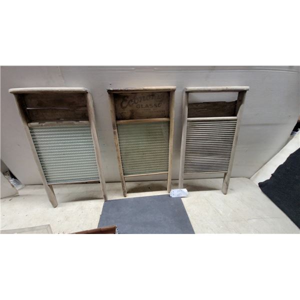 Three Antique Washboards Including Two "Economy Glasso" by Cabell Woodenware Co.