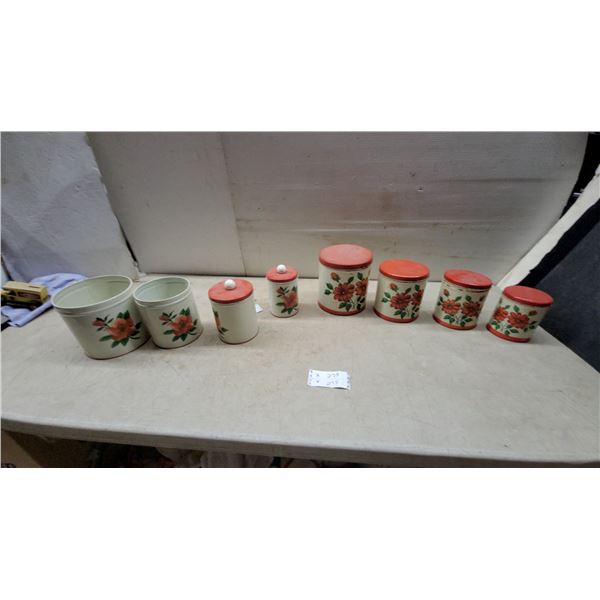 Vintage Metal Kitchen Canister Set with Red Floral Pattern, Nesting Canisters and Spice Jars
