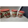 Image 2 : Vintage Metal Kitchen Canister Set with Red Floral Pattern, Nesting Canisters and Spice Jars