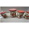 Image 3 : Vintage Metal Kitchen Canister Set with Red Floral Pattern, Nesting Canisters and Spice Jars