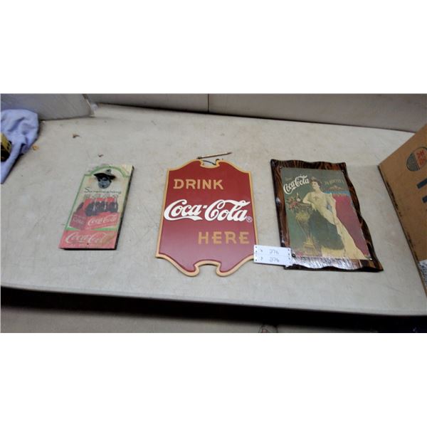 Coca-Cola "Drink Here" Shield Sign, Bottle Opener, and Framed Advertisement Print