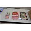 Image 1 : Coca-Cola "Drink Here" Shield Sign, Bottle Opener, and Framed Advertisement Print