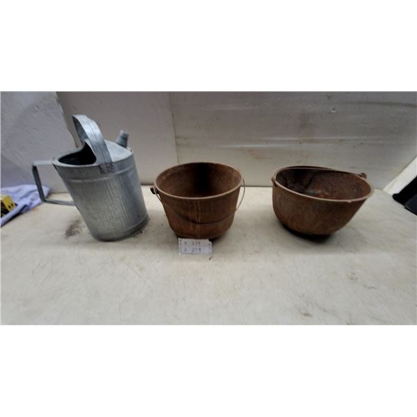 Galvanized Metal Watering Can and Two Vintage Cast Iron Buckets