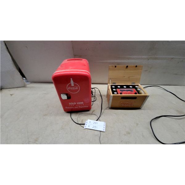 Coca-Cola Retro Thermoelectric Mini Fridge and Wooden Crate Radio with Bottles