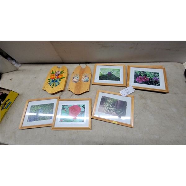 Framed Floral and Garden Photographs and Wooden Wall Plaques With Painted Floral Designs