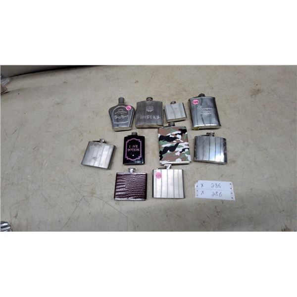10 Assorted Stainless Steel Hip Flasks: Crown Royal, Wiser’s, and Canadian Club