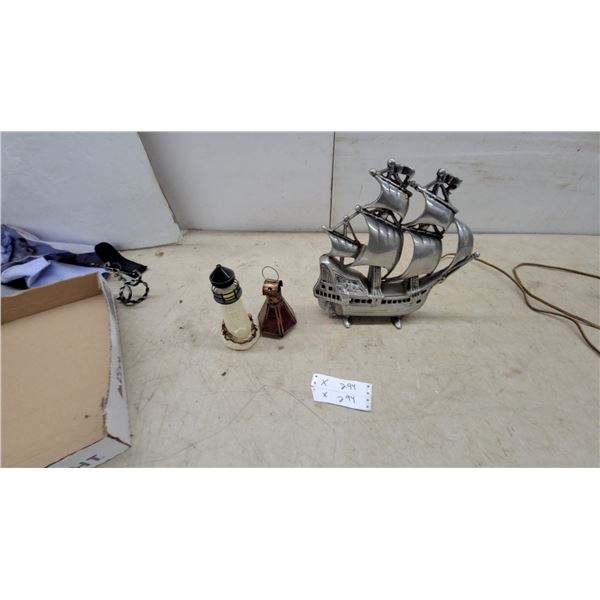 Vintage Mid-Century Pot Metal Galleon Sailing Ship Figural Table Lamp with Fabric Cord