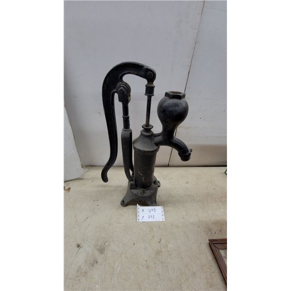 Vintage Cast Iron Hand Water Well Pump with Curved Handle and Threaded Spout