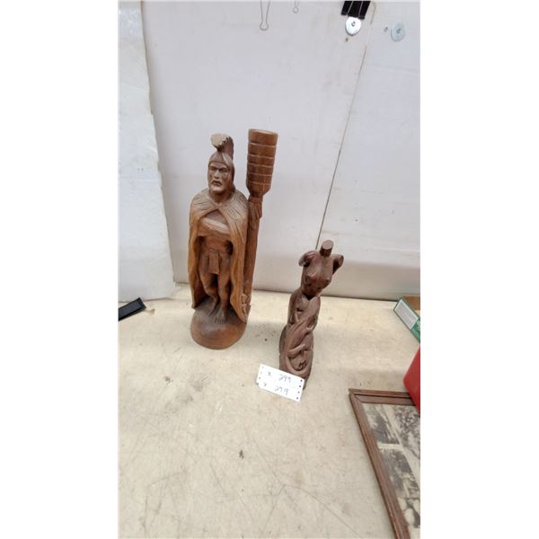 Hand-Carved Wooden Warrior Figure, 20”, and Female Torso with Lizard Sculpture