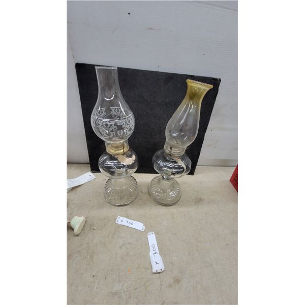 Pair of Vintage Clear Glass Kerosene Oil Lamps With Etched and Amber Rim Chimneys