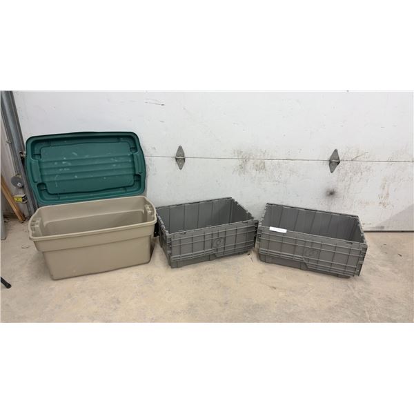 Two WDDC Property Gray Totes and One Tan Tote with Green Lid