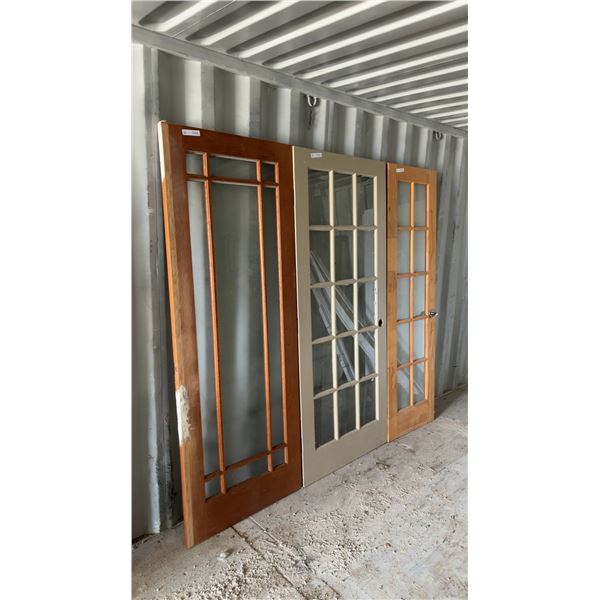 Three Wood and Glass Doors: 10-Panel Wood and Frosted Glass Door 80 × 24, 15-Panel Wood and Clear
