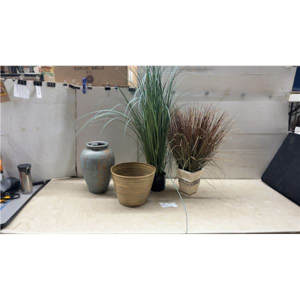 2 Faux Grass in Pots, 2 Vases, Tallest Plant 43”
