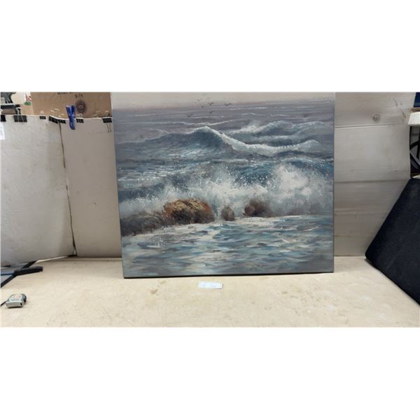 Oil on Canvas Painting of Ocean Waves and Rocks, Stretcher Frame, and Hanging Wire, 39 × 39”