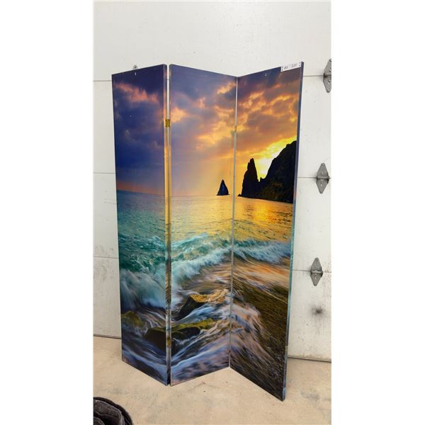 Three-Panel Folding Screen with Ocean Sunset Scene, 71” Tall and each panel 16”