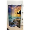Image 1 : Three-Panel Folding Screen with Ocean Sunset Scene, 71” Tall and each panel 16”