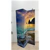 Image 6 : Three-Panel Folding Screen with Ocean Sunset Scene, 71” Tall and each panel 16”