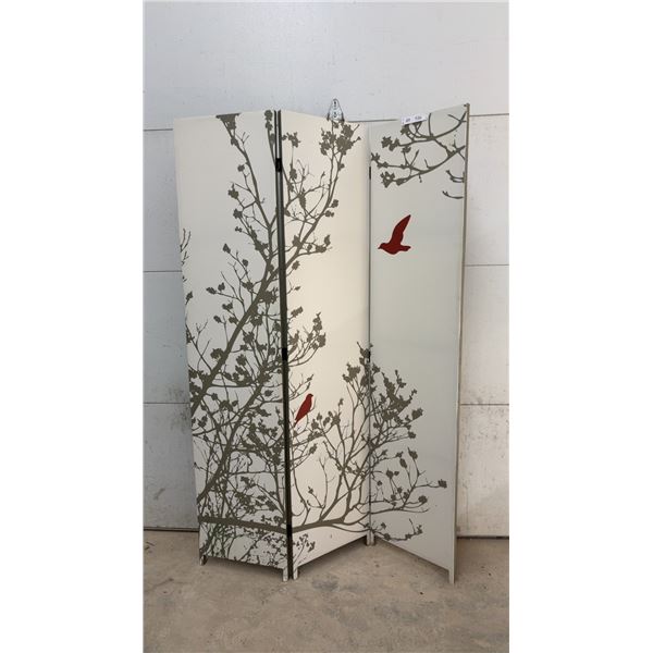 Three-Panel Room Divider with Tree and Bird Motif, 71 × 48” Each Panel 16”