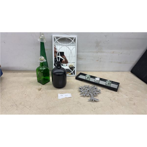 Decorative Lot: Green Glass Bottles, Black Painted Jug, White Mirror, Candle Holder
