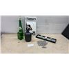 Image 1 : Decorative Lot: Green Glass Bottles, Black Painted Jug, White Mirror, Candle Holder