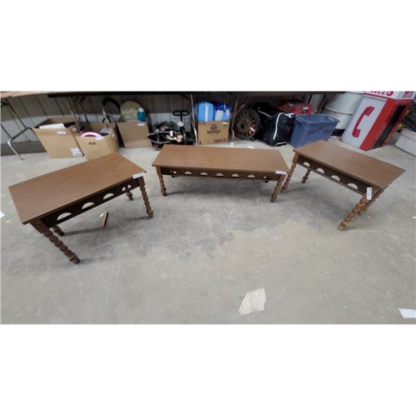 Set of Three Matching Wooden Console Tables With Turned Spindle Legs and Arched Cut-Out Panels