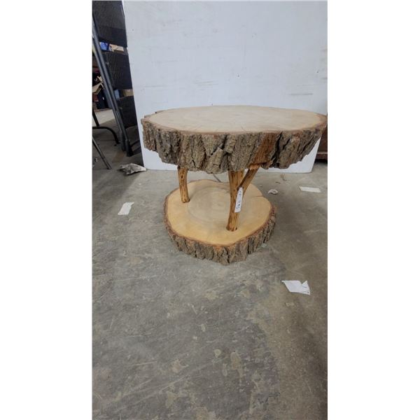 Rustic Handcrafted Two-Tiered Live Edge Wood Log Slice End Table with Branch Legs 18”hgt.
