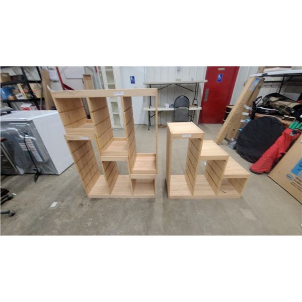 3 Modular Wooden Display Shelving Units with Slatted Shelves and Stepped Sections