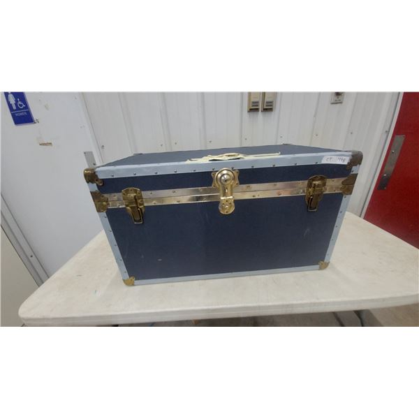 Vintage Navy Blue Storage Trunk with Brass Hardware and Gray Trim 20”×20”×36”