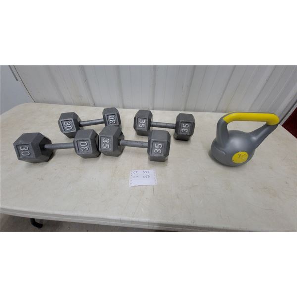 Pair of 30 Pound Hex Dumbbells, Pair of 35 Pound Hex Dumbbells, and 10 Pound Kettlebell