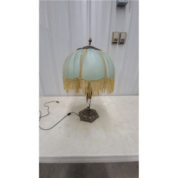 Vintage Victorian-Style Table Lamp With Pleated Green Glass Shade and Gold Fringe