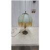 Image 1 : Vintage Victorian-Style Table Lamp With Pleated Green Glass Shade and Gold Fringe