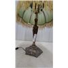 Image 2 : Vintage Victorian-Style Table Lamp With Pleated Green Glass Shade and Gold Fringe