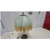 Image 3 : Vintage Victorian-Style Table Lamp With Pleated Green Glass Shade and Gold Fringe