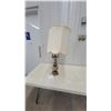 Image 1 : Ornate Vintage Table Lamp with Cherub Figures, Brass Scrollwork, and Scalloped Fabric Shade
