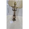 Image 2 : Ornate Vintage Table Lamp with Cherub Figures, Brass Scrollwork, and Scalloped Fabric Shade