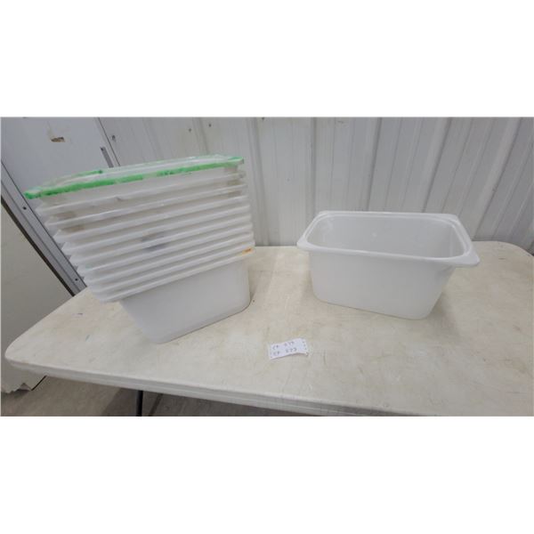 Stack of 11 White Plastic Commercial Kitchen Food Storage Containers