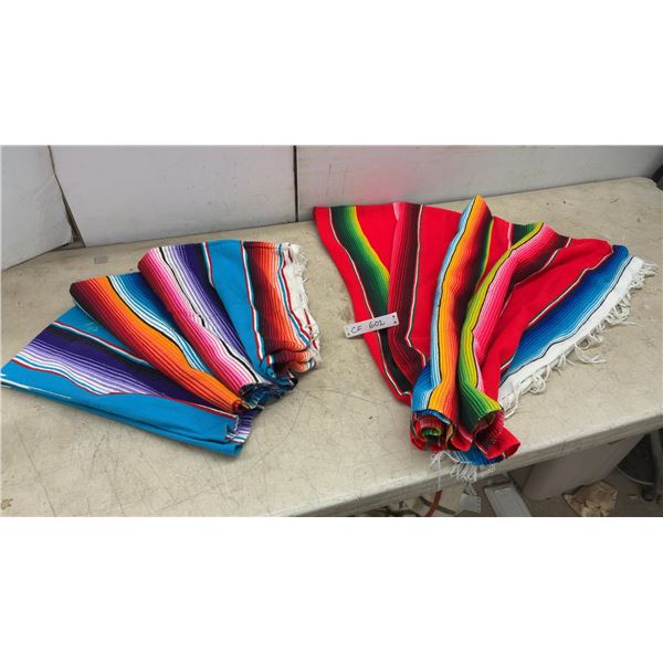 Two Serape Blankets: Red and Blue Striped, Each with Fringe