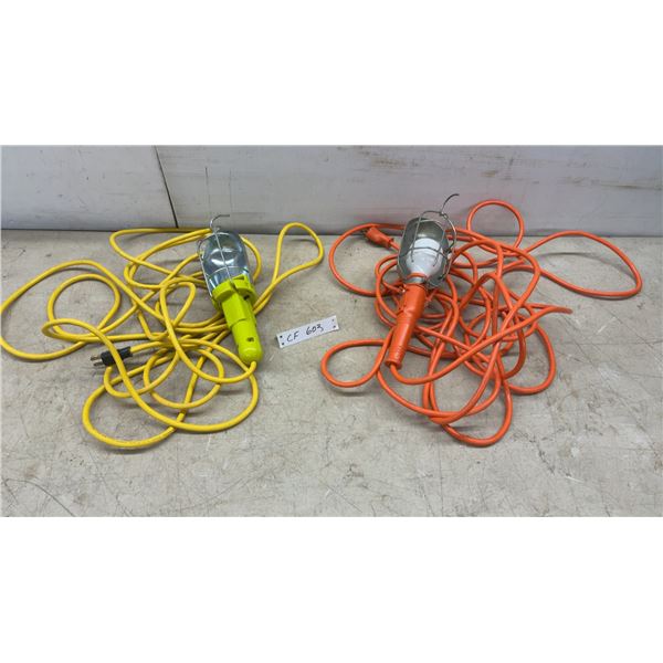 Two Work Lights: Yellow and Orange, Each with Bulb, Metal Cage, and Extension Cord
