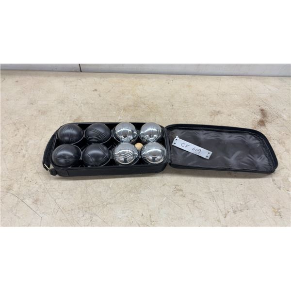 Bocce Ball Set: (4) Black and (4) Chrome Bocce Balls, Pallino, and Carrying Case