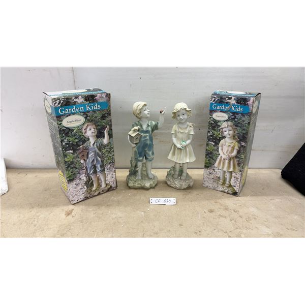Angelo Decor "Garden Kids" Boy and Girl Statues, Each in Original Box