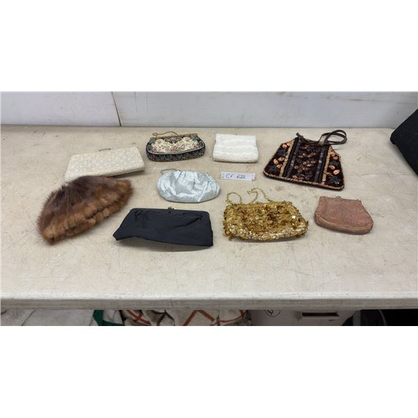Collection of 8 Vintage Evening Bags: Beaded, Tapestry, Sequin Clutches and FurStyle Hat