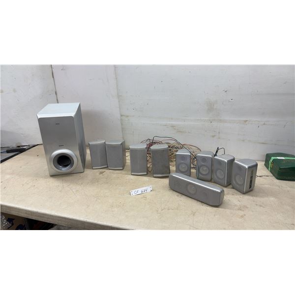 RCA RT2760 Subwoofer, (4) Satellite Speakers, (4) Emerson Small Speakers, and (1) Sound Bar