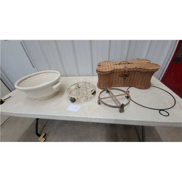 Ceramic Planter, Dog Bone Wicker Basket, Iron Trivet