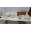 Image 1 : Ceramic Planter, Dog Bone Wicker Basket, Iron Trivet
