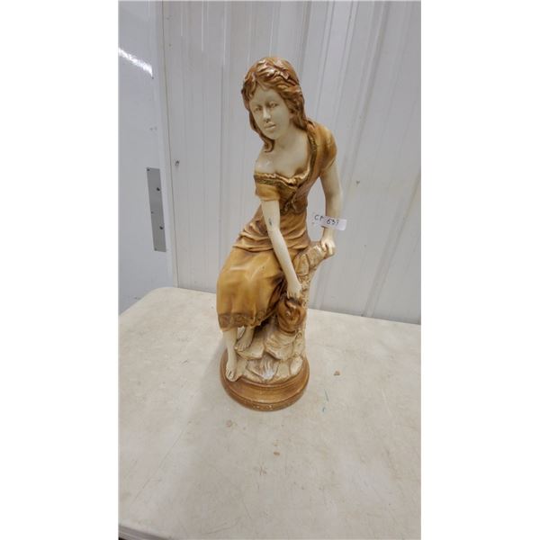Vintage Bisque Porcelain Figurine of Seated Young Woman in Tan Off-the-Shoulder Dress 28” tall