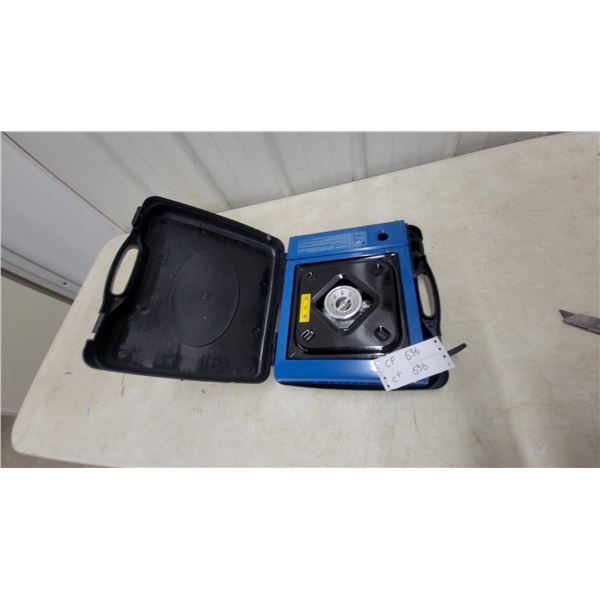 Portable Single-Burner Butane Camping Stove in Black Plastic Carrying Case and fluid