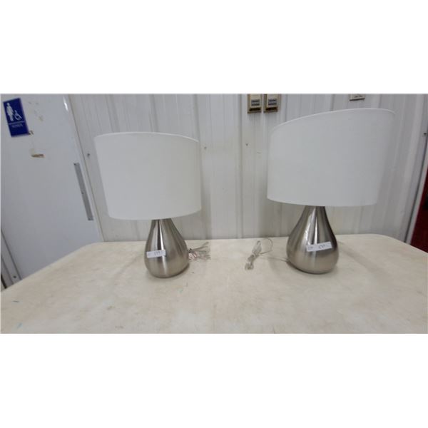 Pair of Contemporary Brushed Nickel Teardrop Table Lamps with White Fabric Drum Shades